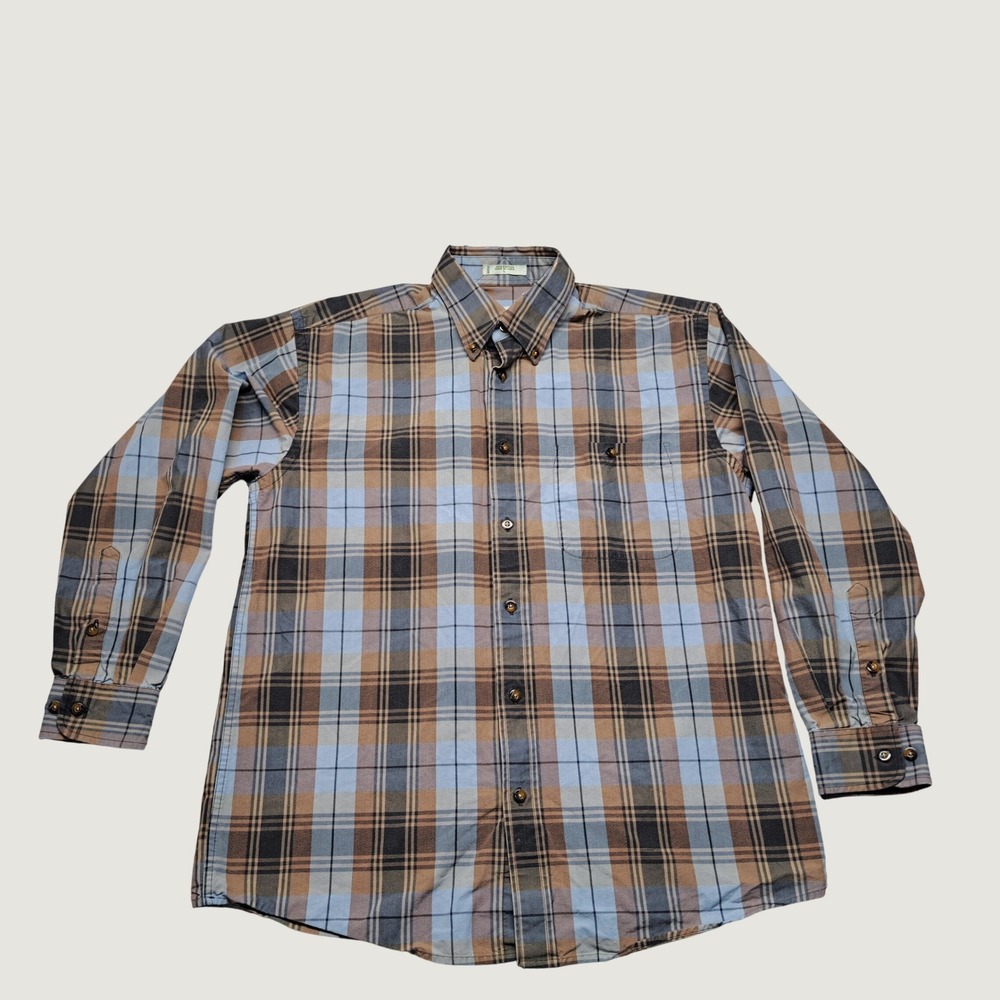 Orvis Button Down Shirt Mens Large Blue Brown Plaid Cotton Good 8H98 Long Sleeve